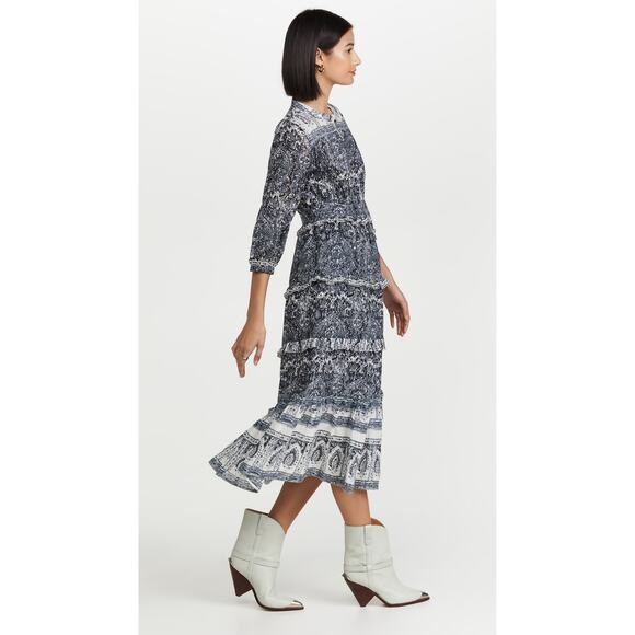 EUC Cleobella Dalia Midi Dress Blue Gray Rishi Block Print Boho Cotton Small (S) - Picture 2 of 16